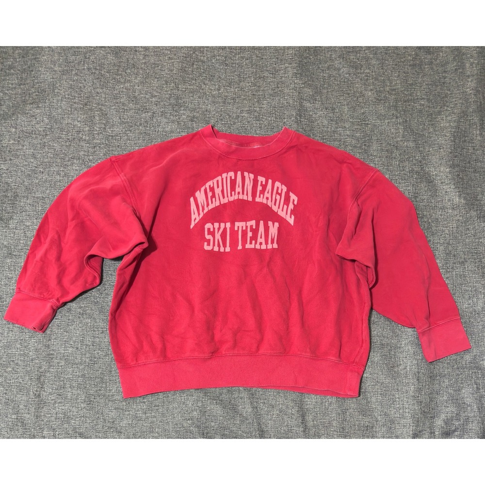 American Eagle Womens Large Sweatshirt Red Ski Team Graphic Crewneck Pullover